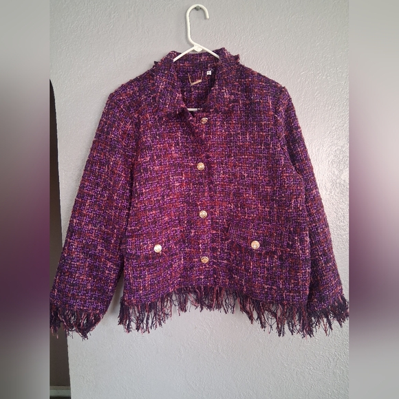 Chico's NWT Fringe Tweed Patch Pocket Jacket Purple 3/XL - Picture 2 of 7
